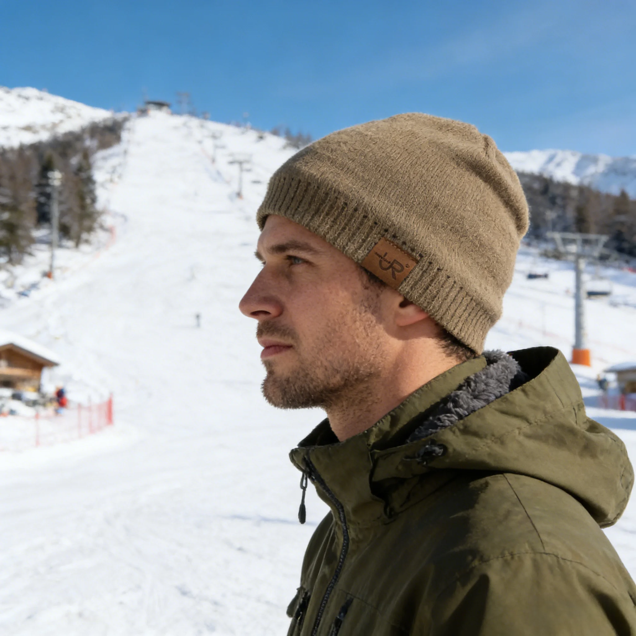 Unisex URGENTMAN Labal Wintermützen Einfarbige Strickmützen für Männer und Frauen Beanie Cap Outdoor Hinzufügen Pelzfutter Warme Sportmützen – Detail 4