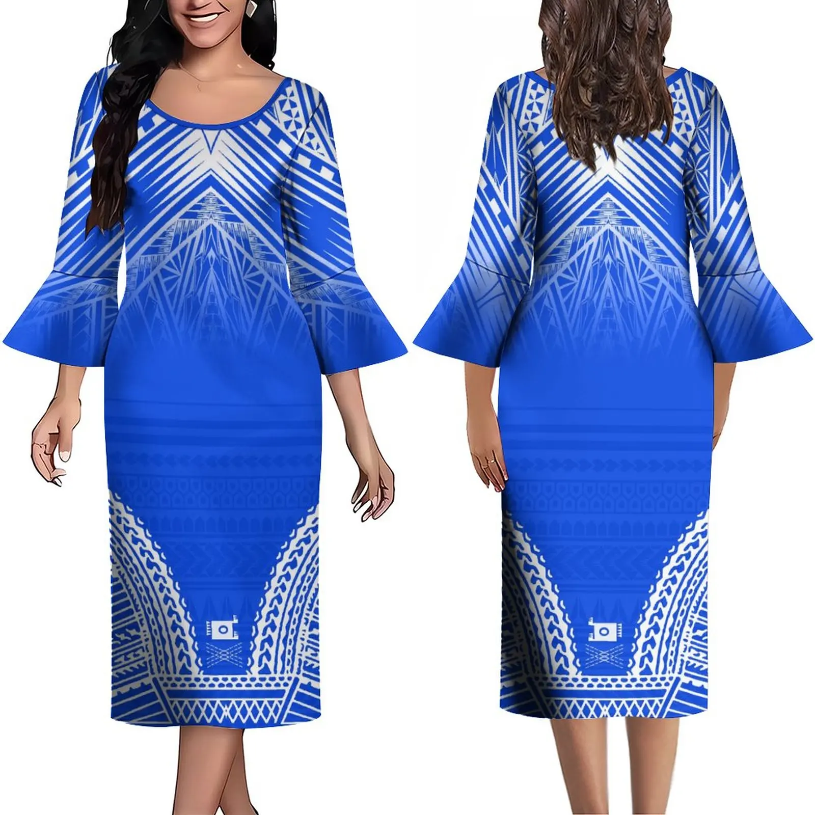 

2023 New Women's Dress Summer Long Sleeve Women's Custom Dress Pattern Polynesian Art Pattern Print Temperament Maxi Dress