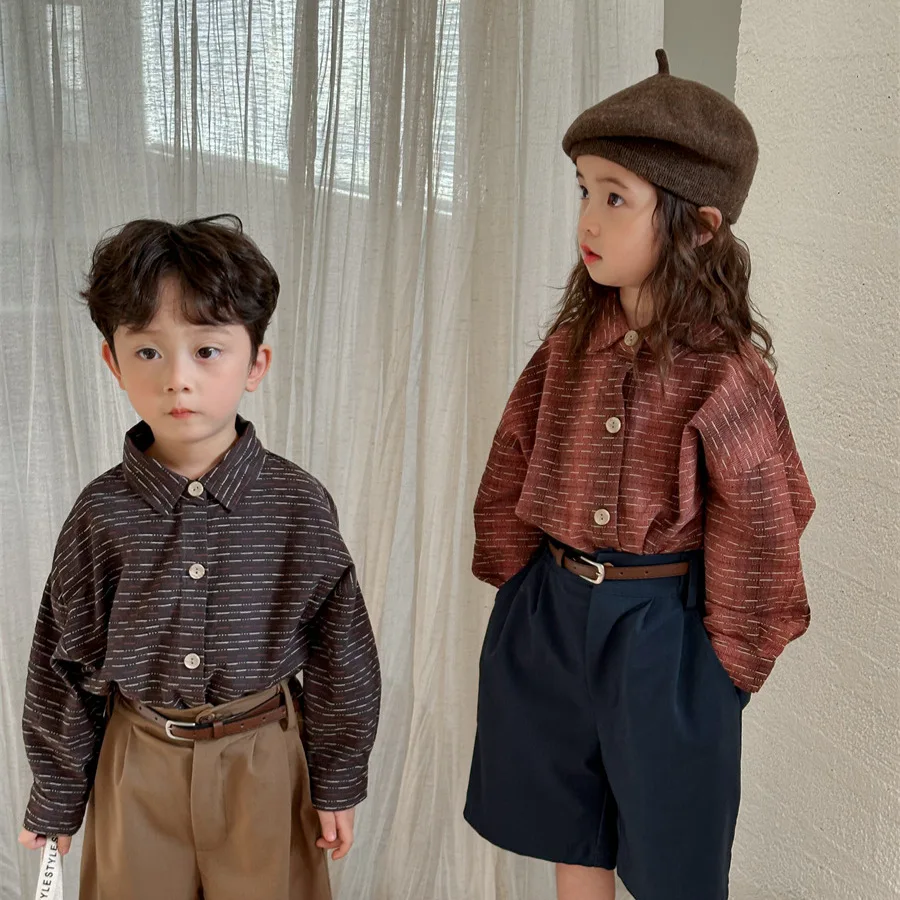 

2024 Children Spring New Cotton Linen Long-sleeved Shirt for Boys and Girls Mori Hong Kong Style Casual Simple Shirt Cardigan