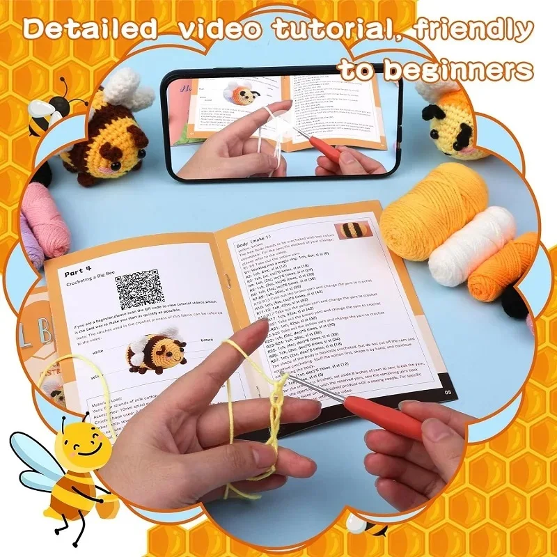 Crochet Kit for Beginners With Video Tutorial Cotton Knitting Yarn Thread Plastic Needles Hooks Knit Tool Set KRABALL Little Bee