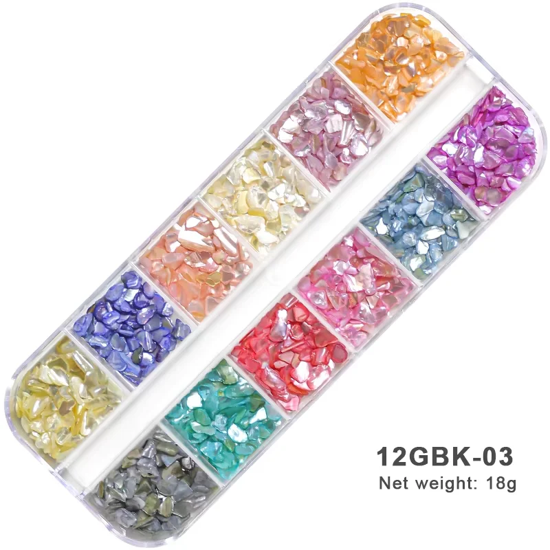 12 Gitter, natürlicher Abalone-Muschelstein, Nagelkunst-Dekoration, 3D, unregelmäßige Scheibenfragmente, Flocken, Nagel-Charms, Maniküre-Zubehör – Detail 5