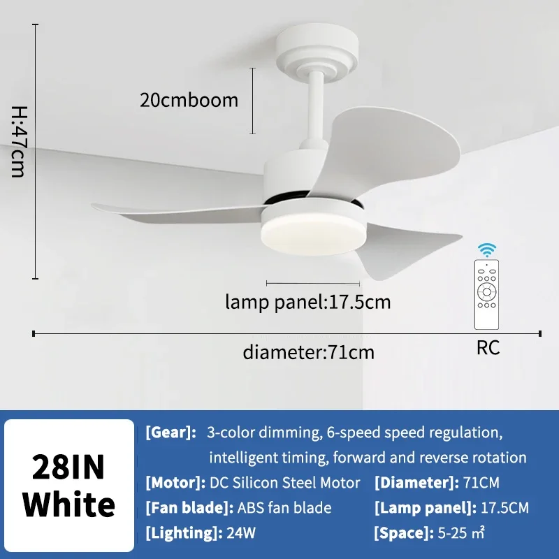 28 IN small modern ceiling fan light with LED 6-speed high wind 3 walnut leaves and remote control, bedroom, living room, indoor