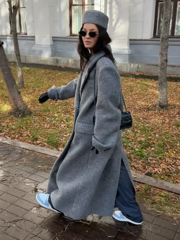 2024 Autumn New Grey Lapel Long Woolen Coats Women Elegant Double