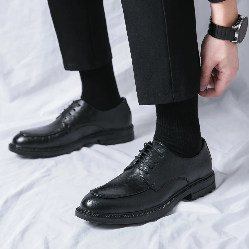 Men New Derby Shoes Round Toe European and American New Trend FashionFormal Shoes Black Brown PU Shoes Size 38-46 Men Shoes
