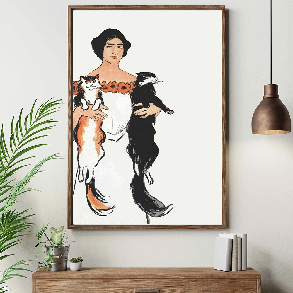 

Funny Canvas Painting Woman Portrait and Cats Posters and Prints Antique Wall Art Pictures for Living Room Bedroom Home Decor