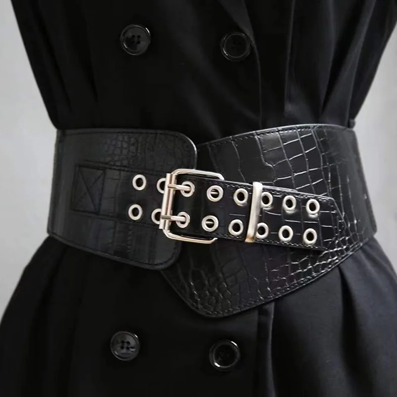 Imitation Crocodile Leather Elastic Super Wideall-Match Black Women Belt Decorate Suit Coat Waist Seal Bouble Breasted Waistnand