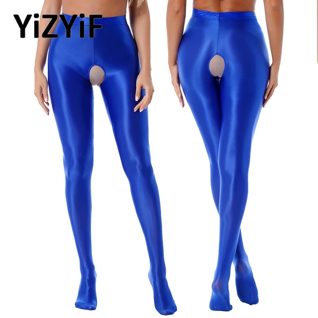 Womens Glossy Crotchless Pantyhose Sexy High Waist Oily Shiny Tights  Leggings pants Exotic Wetlook Open Crotch Nightwear