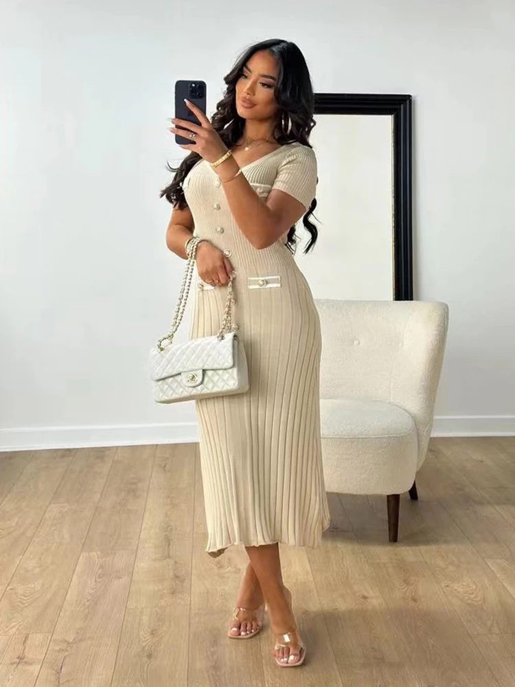 Office Lady Elegant Knitted Long Dress Summer Short Sleelve V Neck Single Breasted Bodycon Dresses Women Party Fashion Vestidos 5