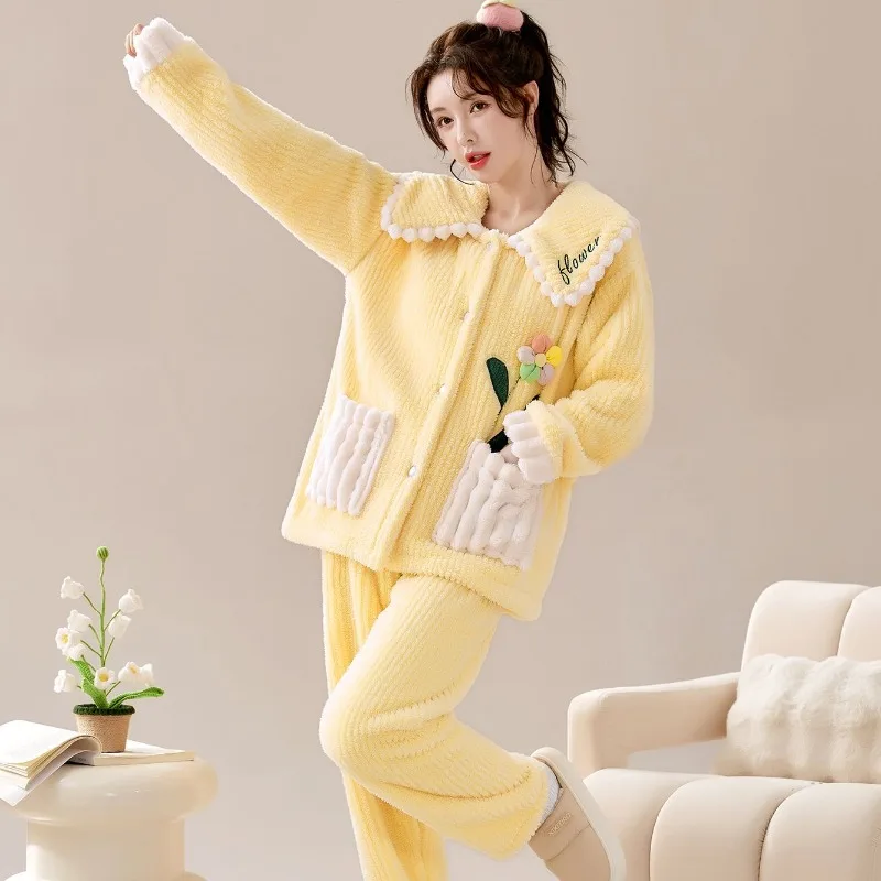 2024 New Women's Pyjama Sweet Pocket Flower Sleepwear Suit Girls Fall Winter Loungewear Flannel Casual Pajamas Two Pieces Set