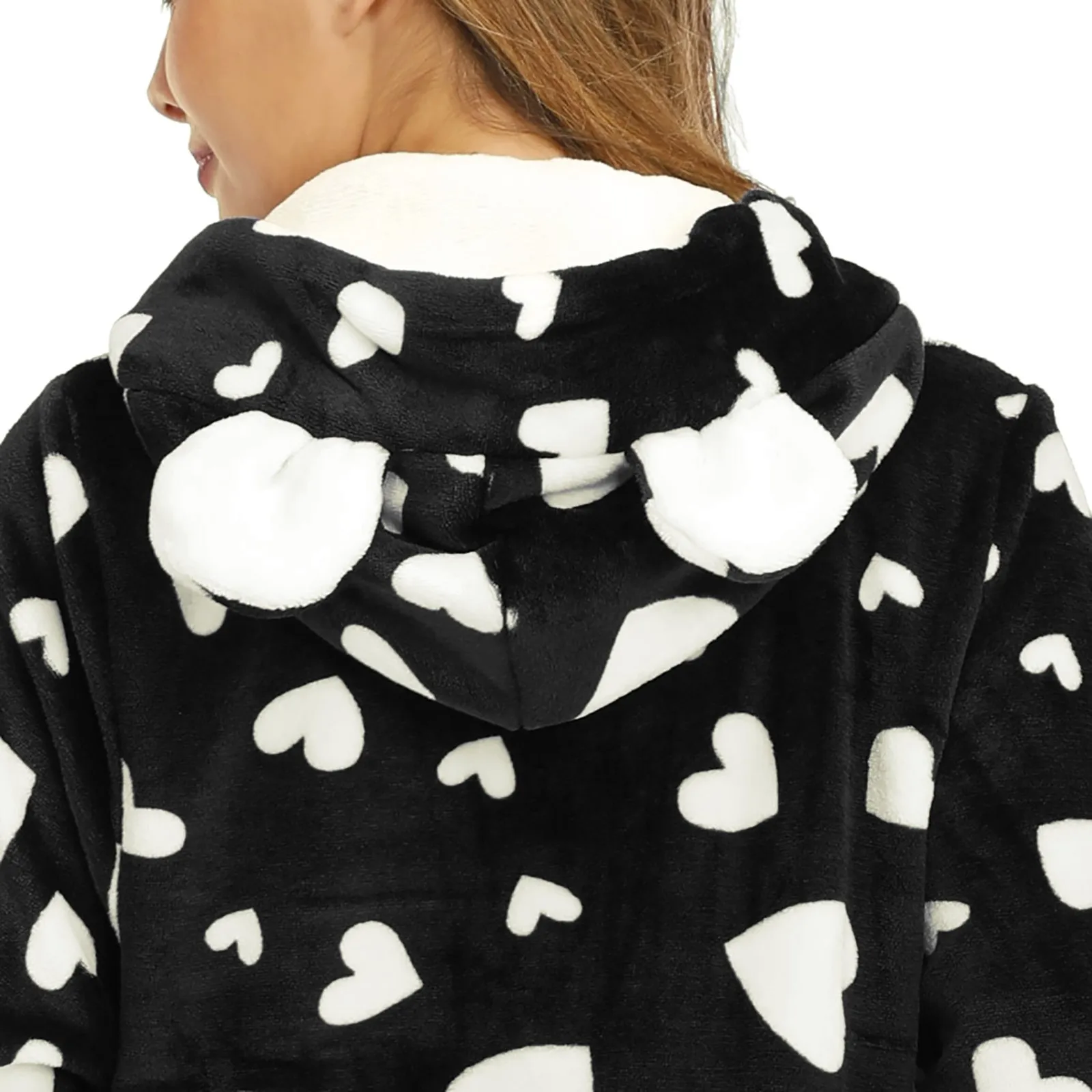 Women's Fleece Pajamas Printing Sleepwear Pajamas Hooded Jumpsuit Rompers Clubwear Nightwear Plush Drawstring Sleepwear Jumpsuit