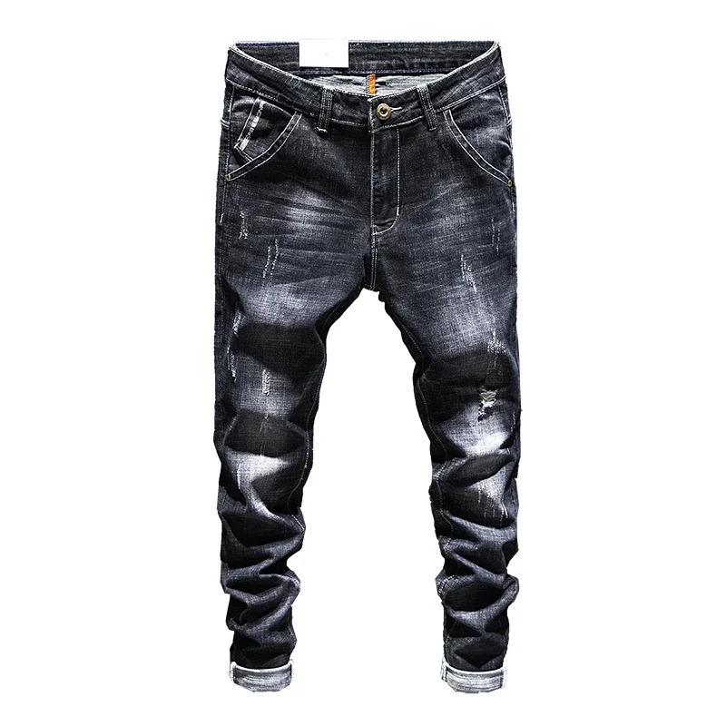 Men Ripped Jeans Dark Blue Stretch Slim Fit Distressed Streetwear Denim Pants Casual Retro Biker Jeans Trousers Hiphop men jeans ripped jeans ripped patchwork jeans