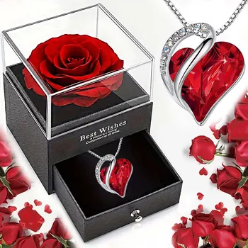 Valentine's Day Gift Ocean Heart Love Necklace with Eternal Rose Jewelry Box 1