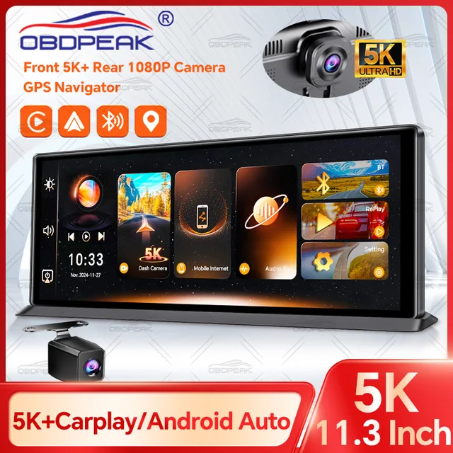OBDPEAK K8 Pro Front 5K Rear 1080P Dash Cam Camera 11.3" Touch Ai Screen Carplay & Android Auto GPS Navigation Night Vision DVR