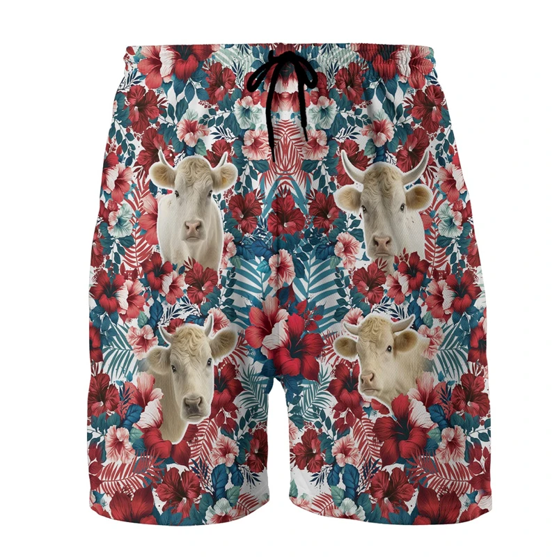 

Hawaiian Flower Cow 3D Print Short Pants For Men Clothes Funny Animal Dairy Cows Beach Shorts Casual Aloha Trunks Kids Trousers