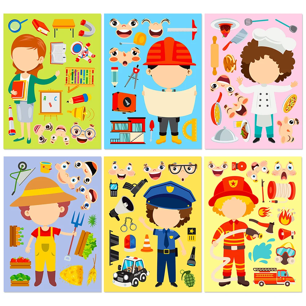 6/12Sheets Professional Dress Up Puzzle Stickers for Kids Make-a-Face Game Children Funny Facial Expression Assemble Jigsaw Toys корректор для лица eveline art professional make up тон 04 light 2 в 1 светоотражающий с кисточкой