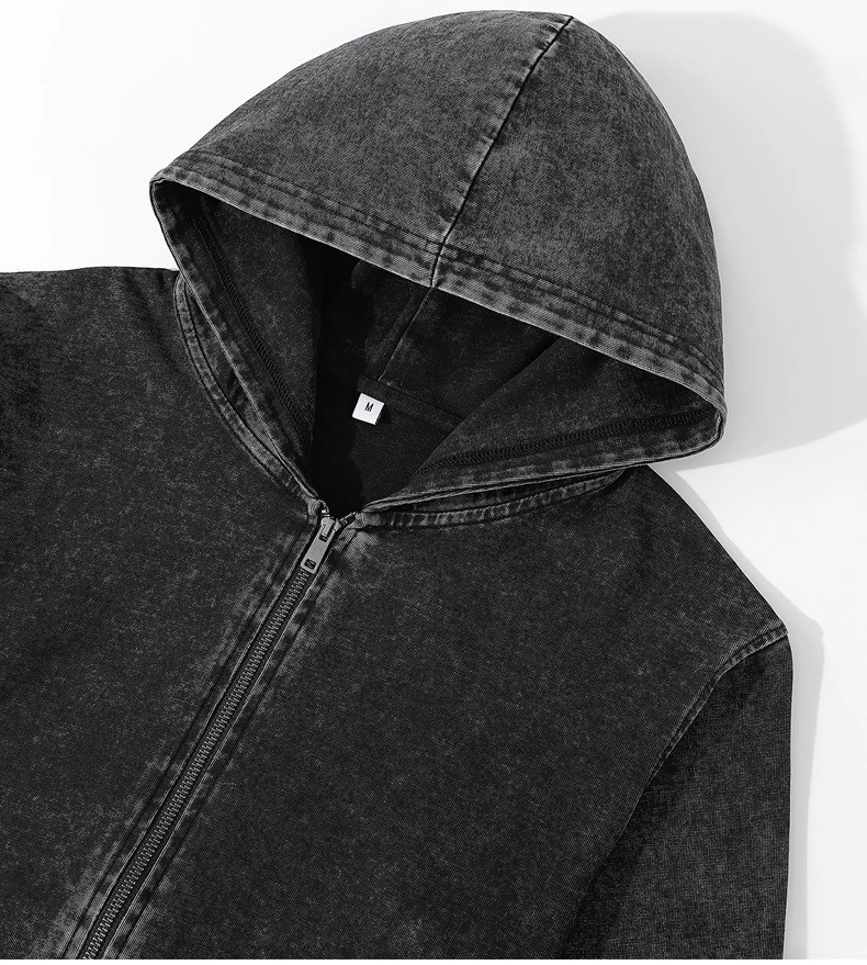 300gRetro Water - Washed Hooded Zip - Up Sweatshirt: 100% Cotton Loose Fit, Tailored Unisex, Loose Casual Sweatshirt