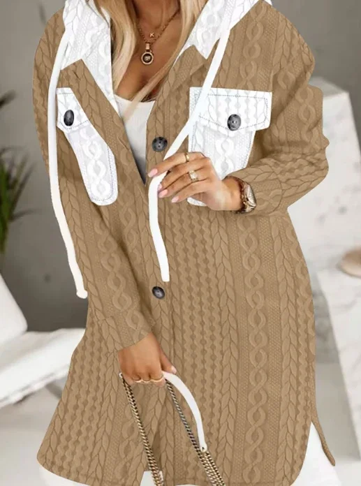 Jackets for Women Autumn and Winter Fashion New Wheat Texture Casual Long Sleeved Button Daily Loose Long Hooded Coat