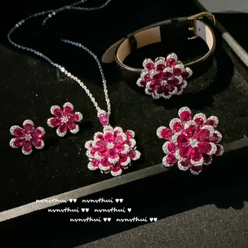Women's New Fashion Jewelry Sterling 925 Silver Delicate Red Zircon Flower Pendant Necklace Earrings Ring Bracelet Set for Women 1