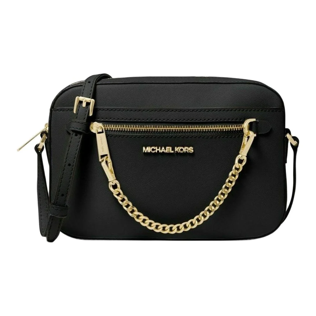 Michael Kors Jet Set Borsa a tracolla grande con catena con cerniera a spalla in pelle nera oro 35S1GTTC7L-BLACK