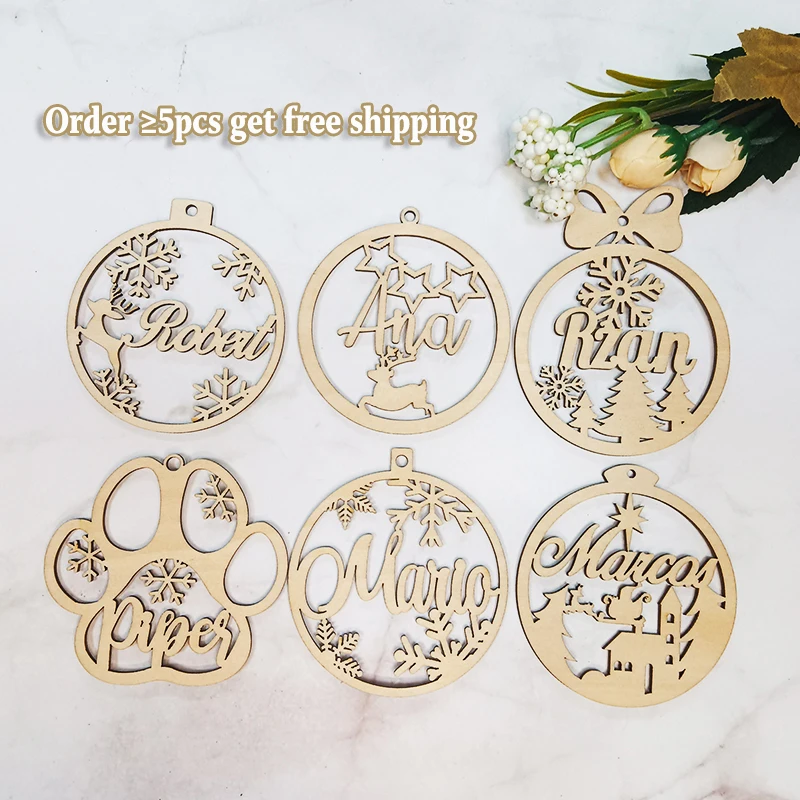 christmas decorations Personalized Christmas Snowflake Ball Laser Cut Baubles Different Name Ornament Christmas Hanging Gift Tree Wooden Tags