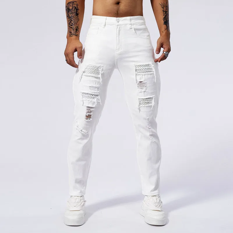 Stretch Rhinestone White Jeans Men Clothing 98% Cotton Ripped Slim Fashion Small Feet Hip Hop Male Denim Trousers Streetwear