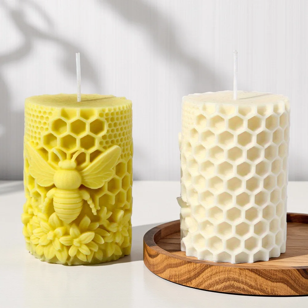 3D Honeycomb Pillar Candle Silicone Mold DIY Embossed Bee and Flower Honeycomb Cylinder Aromatherapy Candle Plaster Mold Decor