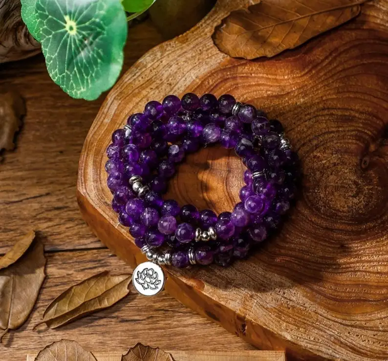 

108 Mala Beads Amethyst Stone Healing Bracelet Necklace-Spiritual Protection Strength Confidence Meditation Chakra