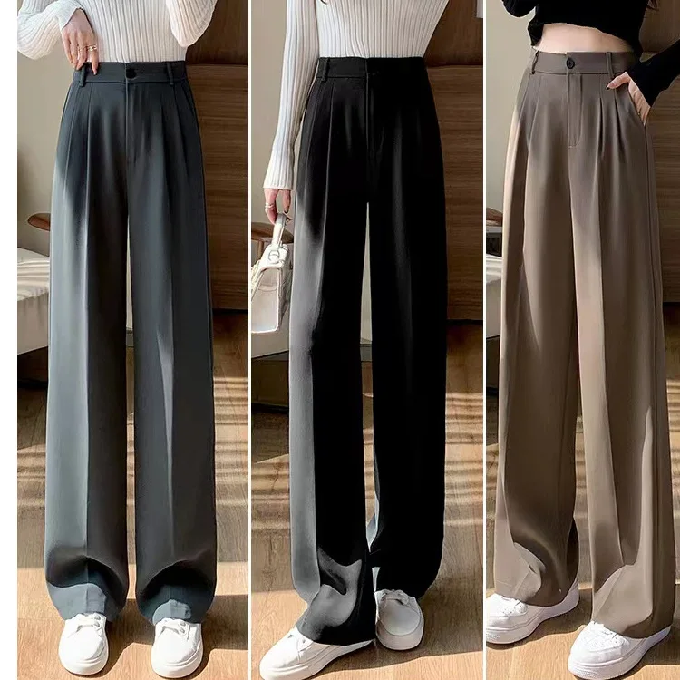 

Korean Style Fashion Black Tailored Formal Women Trousers Straight Loose Casual High Waist Female Pants