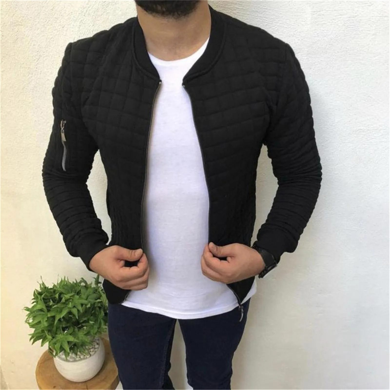 

Sports Casual Men Jacket Men Plaid Pleats Slim Stripe Fit Jacket Zipper Long Sleeve Cardigan Coats Male Solid Wrinkled Cardigans