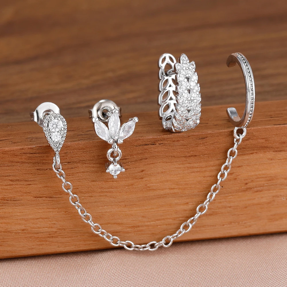 3PCS Luxus Mode Gold Silber Farbe Zirkon Weizen Hoop Ohrringe Set für Frauen Quaste Kette Ohr Stud Weiblichen Schmuck aretes – Detail 7