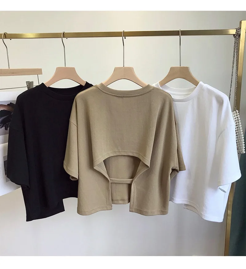 Summer Clothes Korean Sexy Backless Short O-Neck Women Casual Solid Color T-Shirt Short Sleeve Girl Tee Shirt Fashion Tops 1