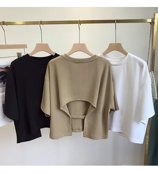 Summer Clothes Korean Sexy Backless Short O-Neck Women Casual Solid Color T-Shirt Short Sleeve Girl Tee Shirt Fashion Tops 1