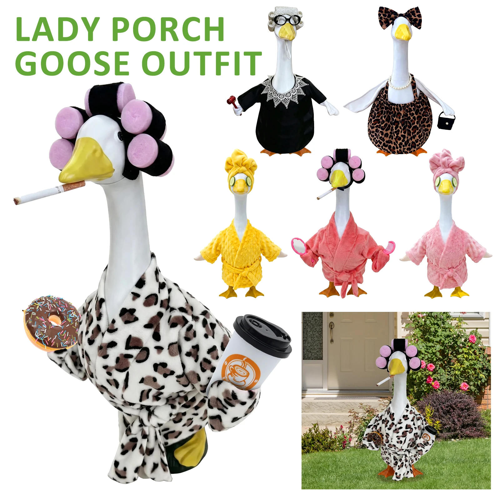 Lady Porch Goose Outfit Bademantel für Porch Goose Statue, Kostüm für Garten-Gans-Statue, Anziehkleidung für 23'' Zement-Kunststoff-Statue