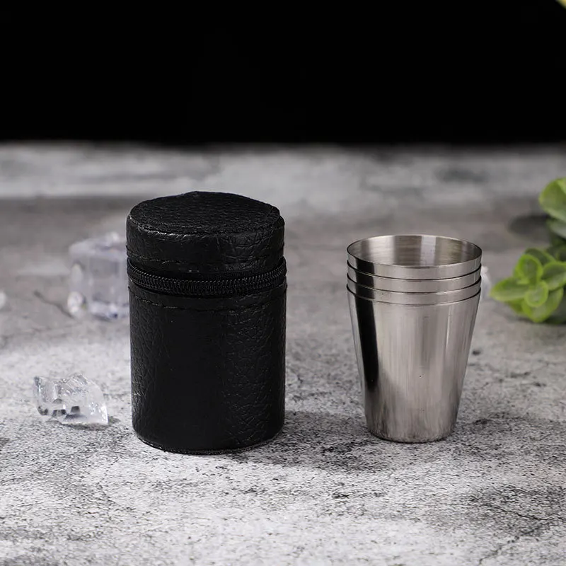 1/2/4pcs 30ml Set Polished Mini Stainless Steel Shot Glass Cup Drinking Wine Glasses with Leather Cover Bag for Home Kitchen Bar