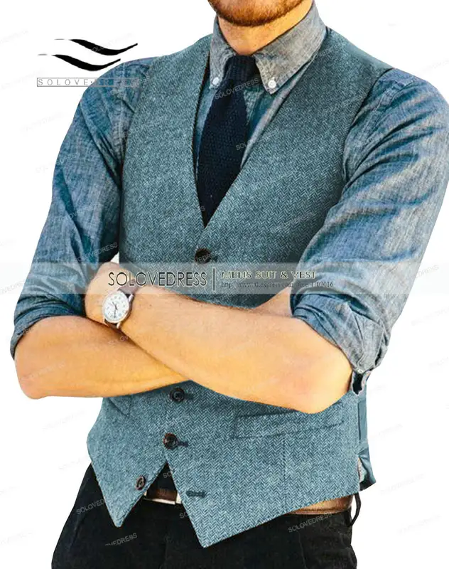 Mens Vests Tweed Herringbone Slim Fit Fashion Men's Suits Vests For Jacket Groomsmen  Waistcoat For Wedding - Image 12