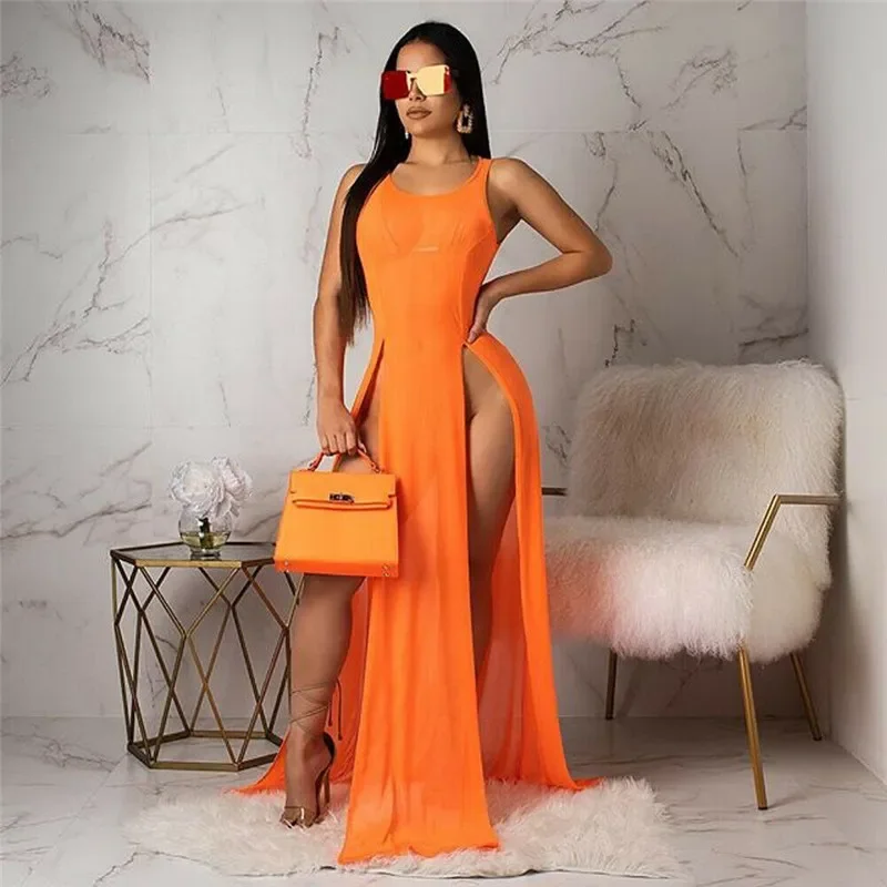 Sexy Womens Mesh Sheer Long Dress Ladies Bikini Cover Up Beach Sundress Solid See-through Long Dress Sleeveless Strap Dress 6