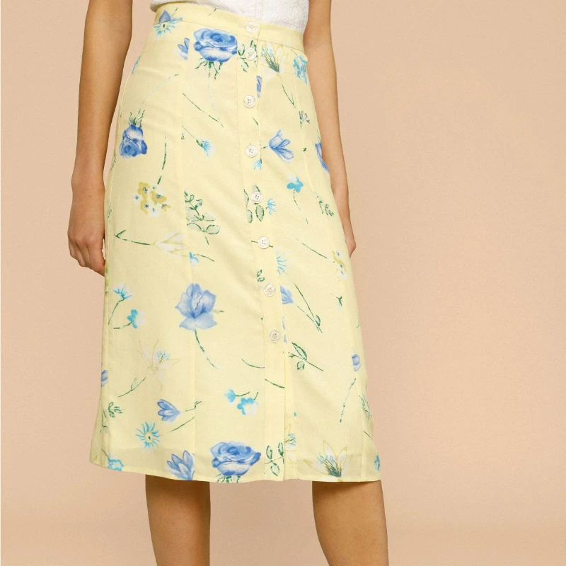 

2023 Spring and Summer Special Price Pastoral Style Women Printed Single Breasted Midi Skirt Casual