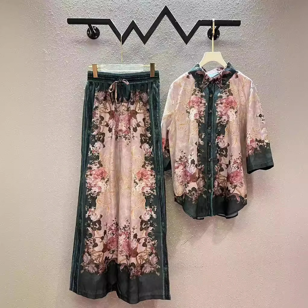 New medium to long sleeved lapel shirt loose casual vacation pants set for women ensemble femme  two piece sets womens outifits