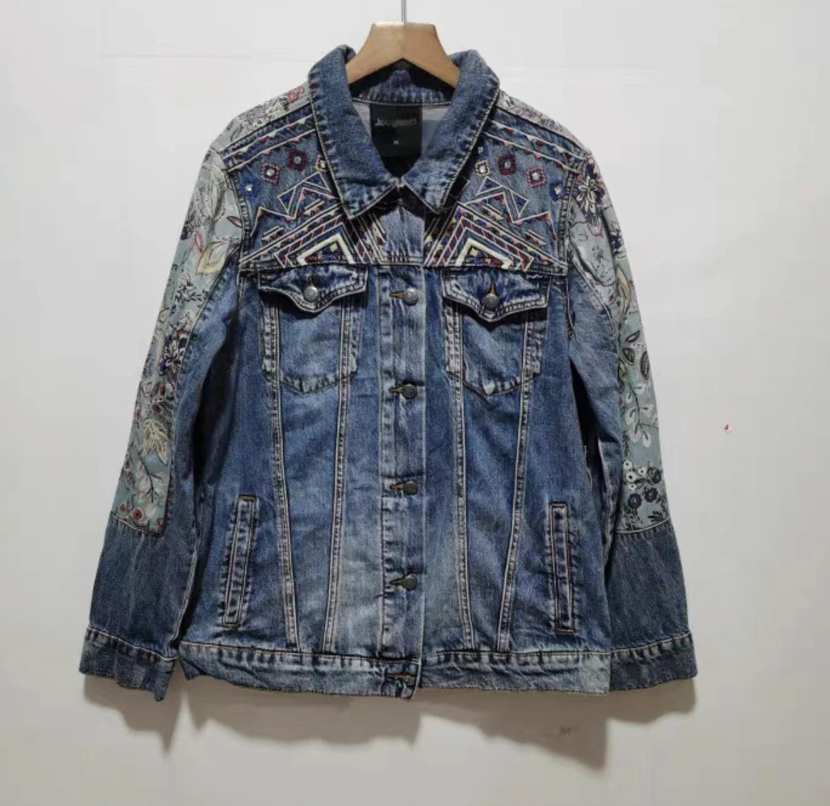 

Foreign Trade Spain D New Women's Denim Coat Embroidered Print Retro Loose Casual Splice Short Jacket