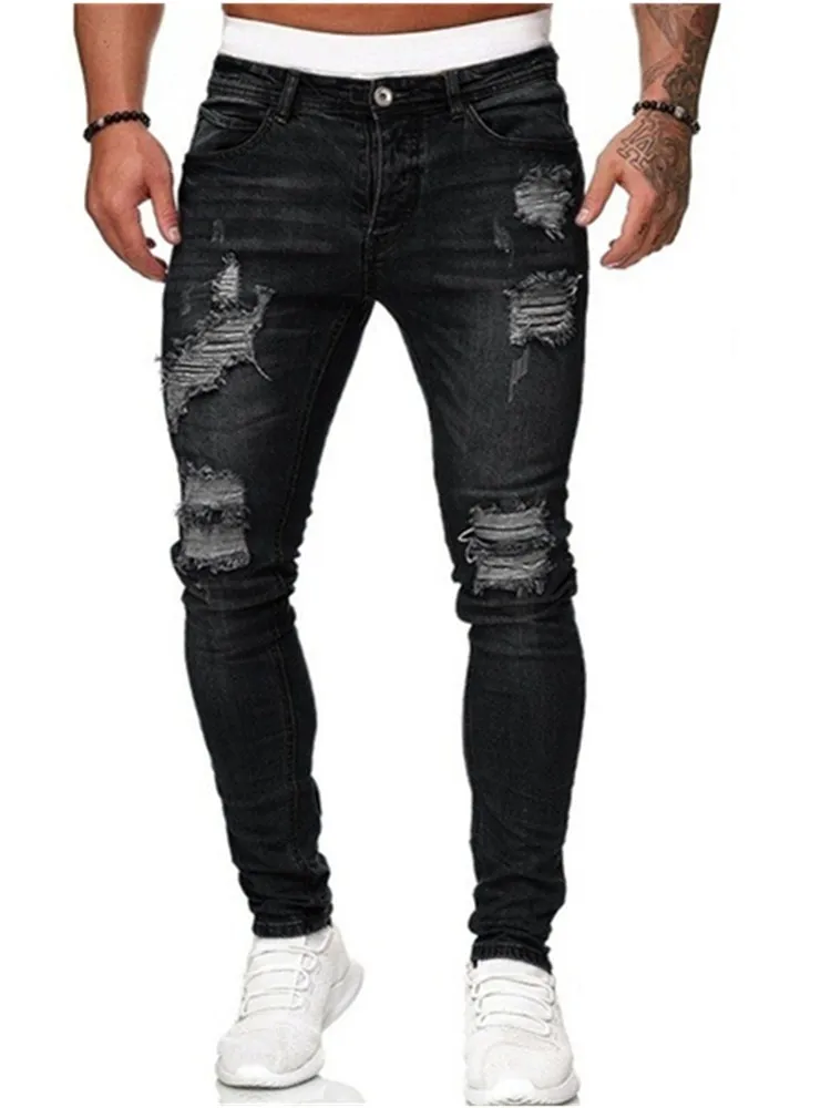 

Men's slim jeans casual ripped micro-elastic skinny feet jeans men's hip hop style paint cover tear personality pants men