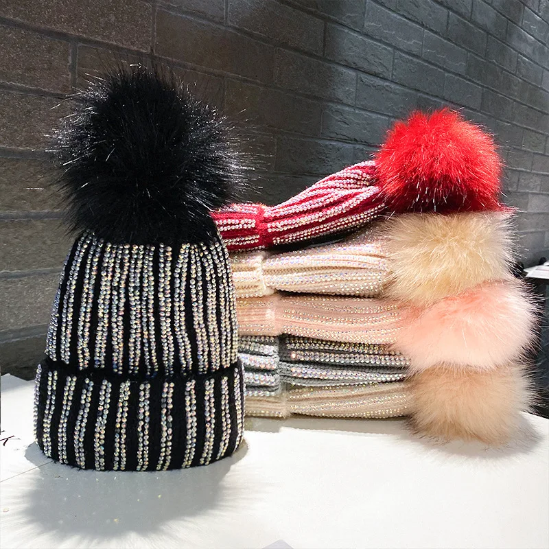 Mao Qiu Shui Diamond Striped Knitted Hat Plush Autumn Winter Woolen Hat Korean Outdoor Headband