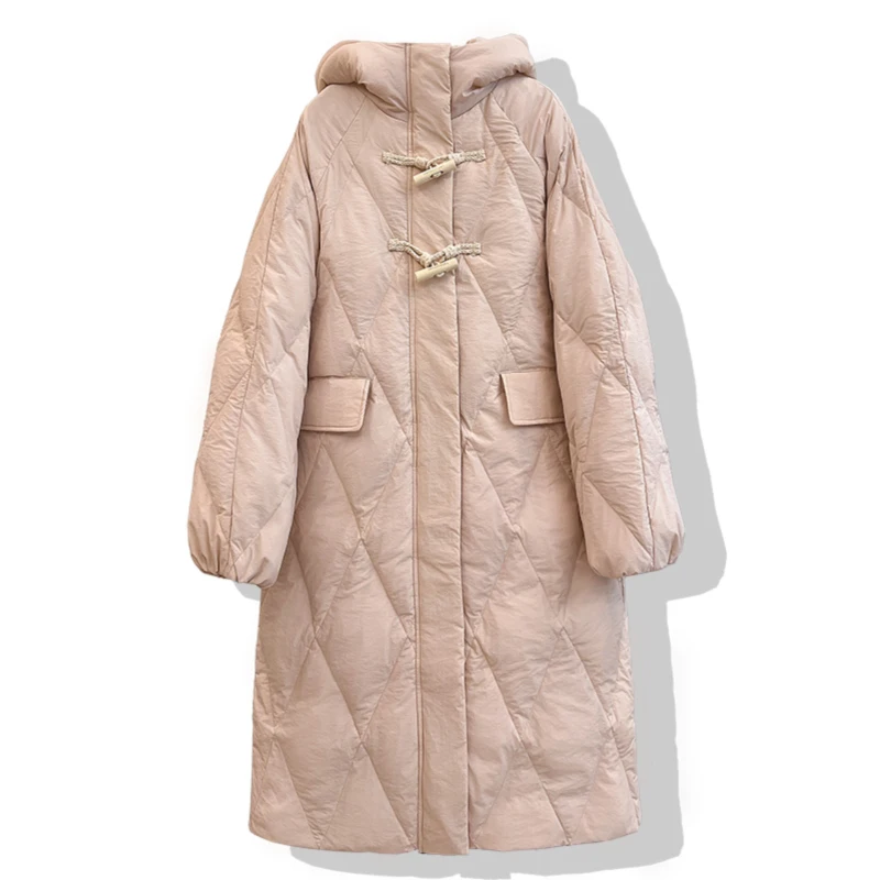 

Fall Winter Long Down Filling Jackets Female Solid Color Simple Pockets Casual All-Matched Hooded Overcoats Office Lady Wear
