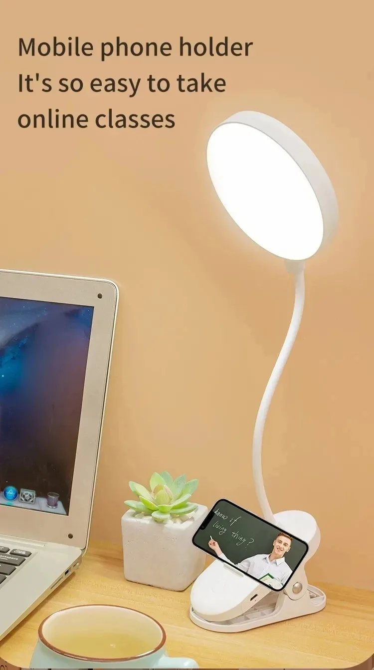 Led Table Lamp USB Rechargeable Night Light with Folding Clamp Study Stand Read Lamp Touch 3 Modes Dimming Eye Protection Light