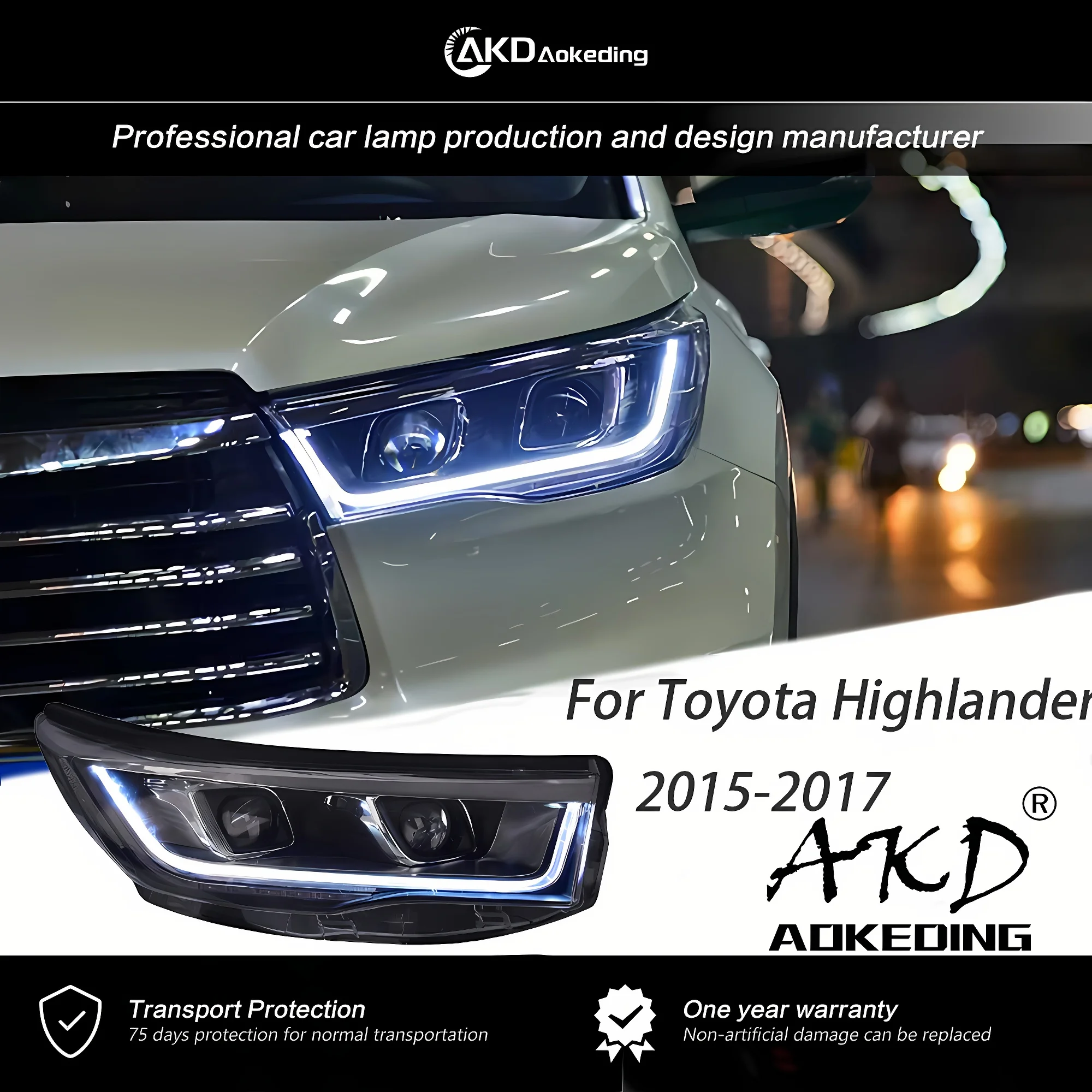 

Передняя лампа AKD для Toyota Highlander 2015-2017 светодиодный, лампа для фар, проекционный объектив, обновленный динамический сигнал DRL, автомобильные аксессуары
