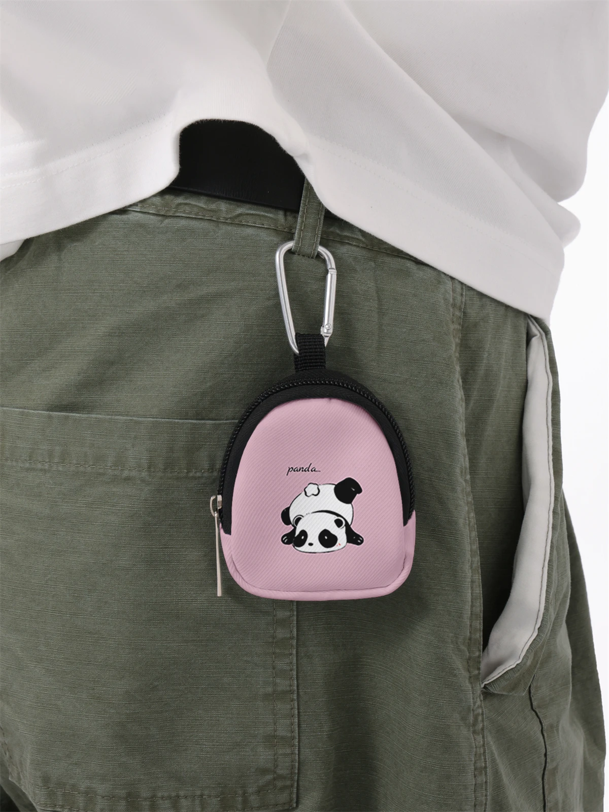 Panda pattern printed mini wallet, zipper change bag with hook clip, headphone key bag, suitable for men and women
