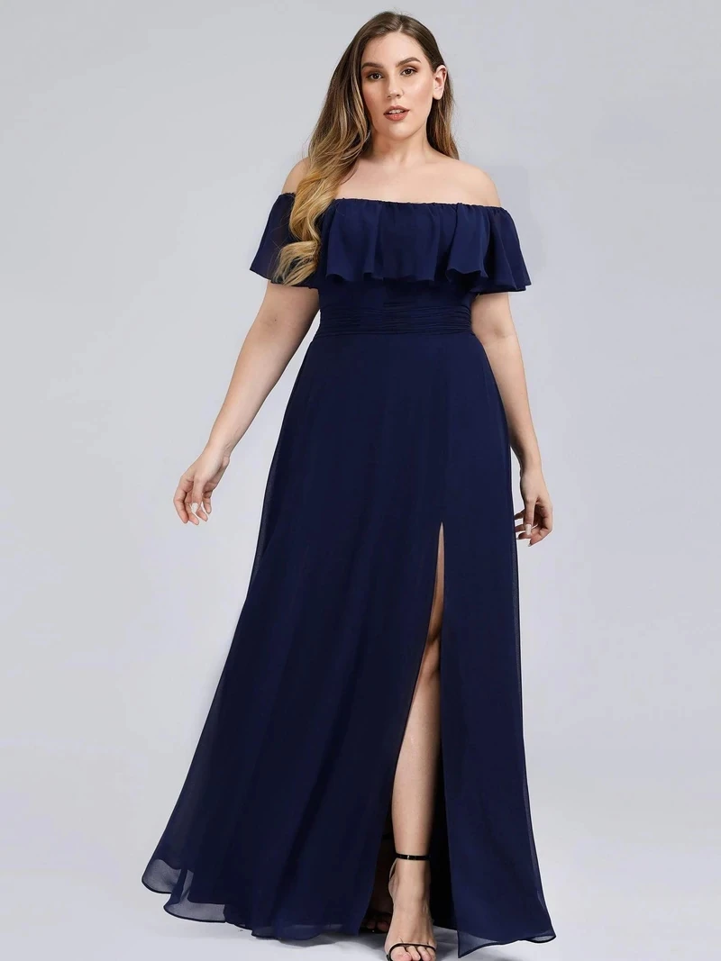 Plus Size Evening Dresses Off The Shoulder Bridesmaid 2022 Ever Pretty fo Long Lace Sleeve Elegant Prom Dress for Women EP00968