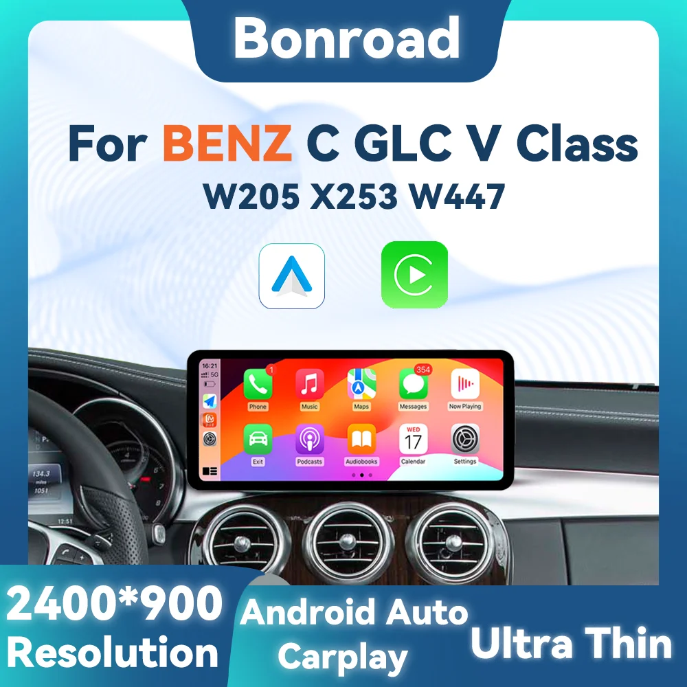 BONROAD 2400*900 12,3 Zoll Touchscreen Ultra-Dünnes Auto-Multimedia-System mit Wireless CarPlay, Android Auto, Radio, GPS für Mercedes Benz C GLC V W204 W205, GPS-Display, Navigation, Stereo, Mirrorring, Airplay, Autolink
