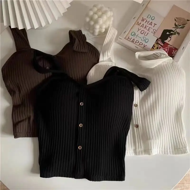 1 stücke Sommer Mädchen Nette Taste Gepolsterter Bh Tank Top Frauen Casual Strap Top Weste Weibliche Leibchen Mit Gebaut In bh Camis dame top