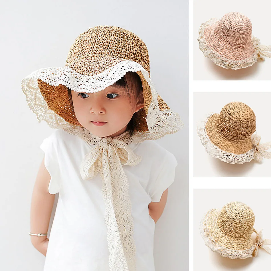 Summer Sun Hats For Kids Soild Color Handmade Straw Hats For Girls Wide Brim Lace Panama Caps Child Outdoor Travel Essential Hat summer baby straw hat panama straw hat lace ribbon decorative handmade foldable sun hat beach sunscreen outdoor parent child hat