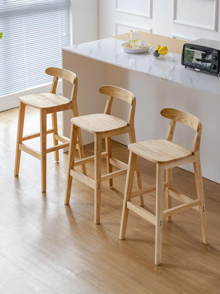 

Solid Wood Bar Chair Household High Stool Modern Simple Milk Tea Shop Front Desk Backrest Bar Stool Nordic Vintage Bar Chair